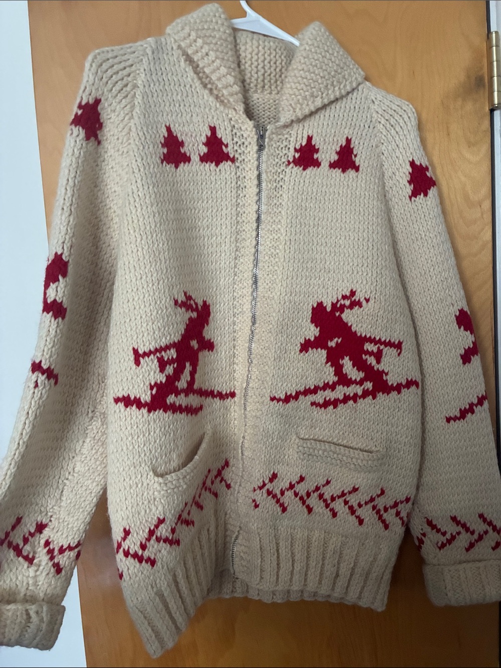 Ivory Knit Zip-Up Sweater with Red Ski Motif.